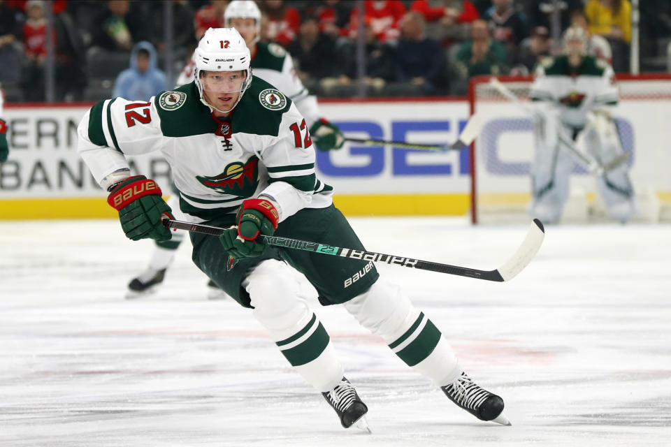 FILE - In this Feb. 27, 2020, file photo, Minnesota Wild center Eric Staal (12) skates against the Detroit Red Wings in the first period of an NHL hockey game in Detroit. The Buffalo Sabres acquired veteran center Eric Staal in a trade that sent forward Marcus Johansson to the Minnesota Wild on Wednesday, Sept. 16, 2020. (AP Photo/Paul Sancya)