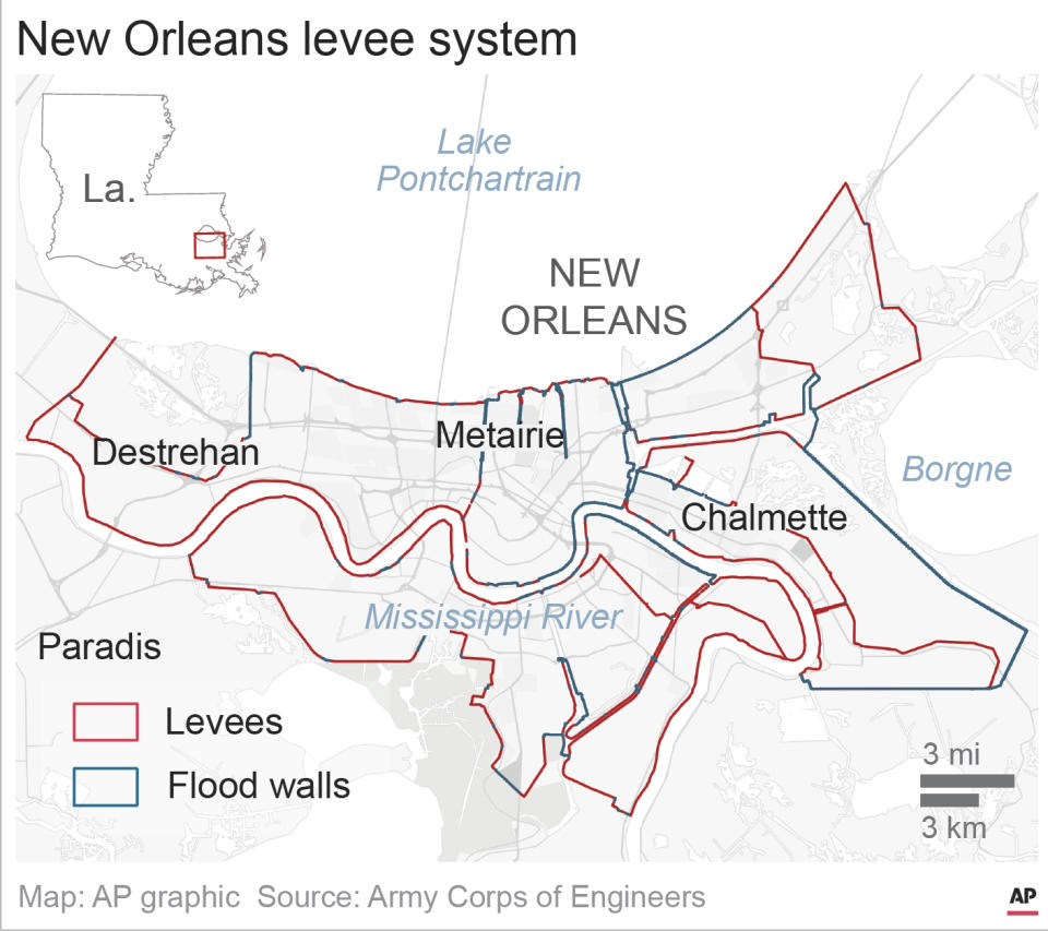 This map highlights the system of levees and flood walls that protect the New Orleans area.