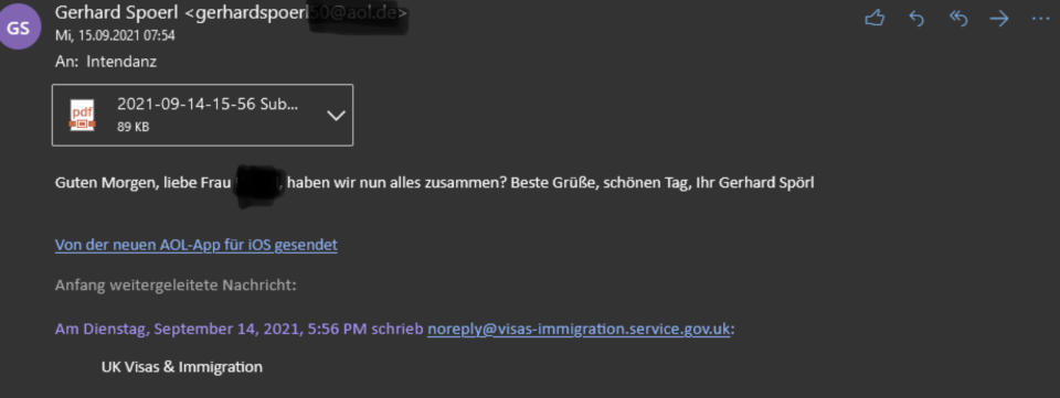 Ausriss aus einer Mail von Schlesingers Ehemann, Gerhard Spörl, an eine Assistentin der RBB-Intendanz