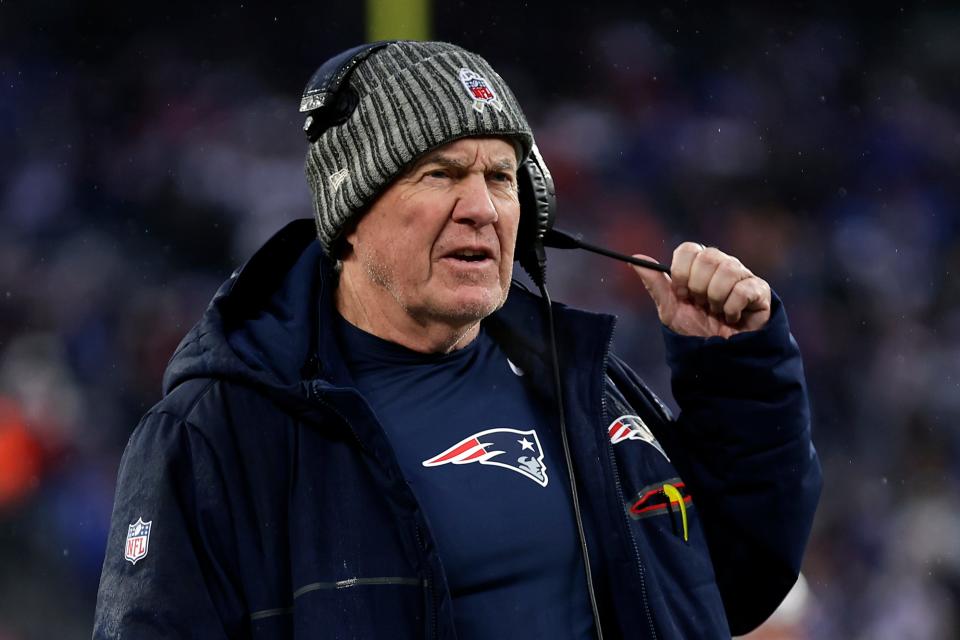 Former New England Patriots head coach Bill Belichick looks on against the New York Giants during an NFL football game Sunday, Nov. 26, 2023, in East Rutherford, N.J. (AP Photo/Adam Hunger) ORG XMIT: NYOTK
