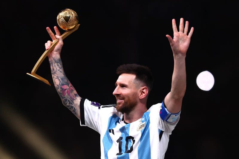 Lionel Messi celebrates at the 2022 FIFA World Cup Final in 2022. File Photo by Chris Brunskill/UPI