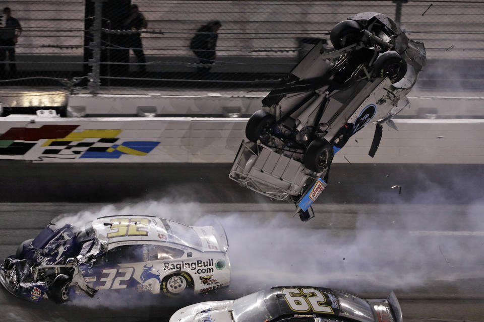 Ryan Newman's car flipped through the air after it was hit by Corey LaJoie's car in the final milliseconds of the Daytona 500. (AP Photo/Chris O'Meara)