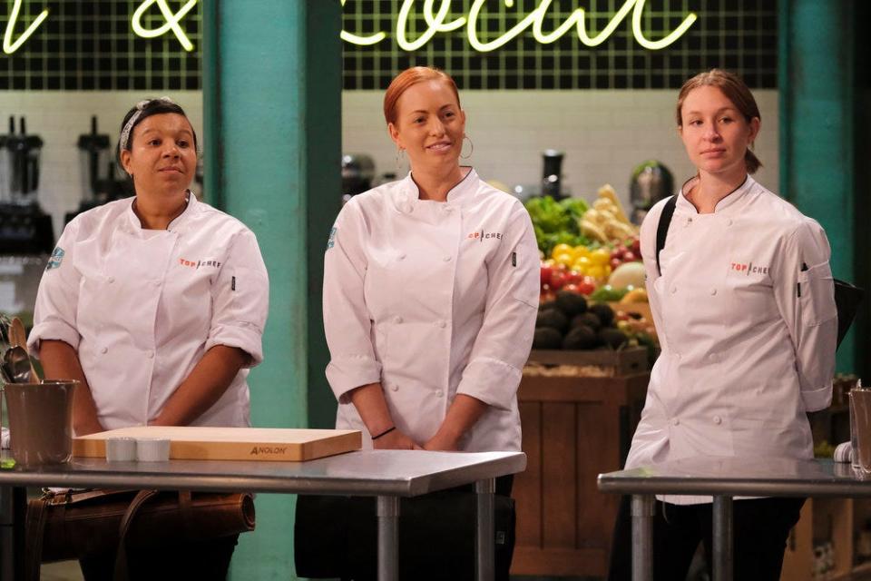 Contestants Kiki Louya, Sasha Grumman, Sara Hauman compete in Season 18 of "Top Chef."