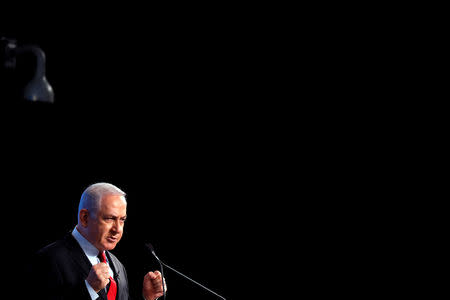 Israeli Prime Minister Benjamin Netanyahu gestures as he speaks at the Cybertech 2019 conference in Tel Aviv, Israel January 29, 2019. REUTERS/Amir Cohen