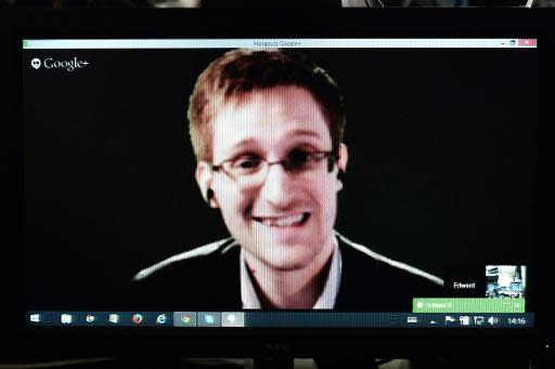 El exconsultor de la Agencia Nacional de Seguridad (NSA) estadounidense, Edward Snowden, habla por videoconferencia en el Consejo de Europa en Estrasburgo, el 8 de abril de 2014 (AFP | Frederick Florin)