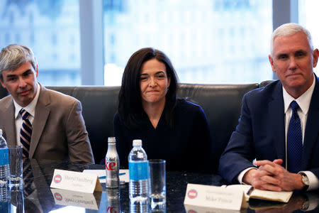 (L-R) Larry Page, CEO and Co-founder of Alphabet, Sheryl Sandberg, Chief Operating Officer of Facebook, and Vice President-elect Mike Pence sit during a meeting with U.S. President-elect Donald Trump and technology leaders at Trump Tower in New York U.S., December 14, 2016. REUTERS/Shannon Stapleton