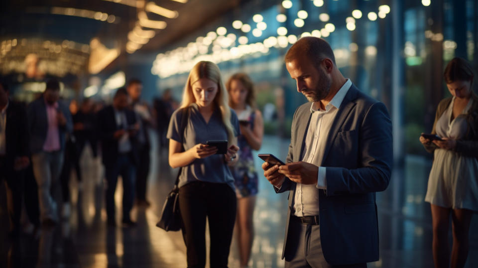 People using their mobile devices standing in front of terminal to engage with digital solutions.