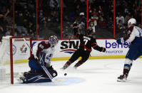 Ottawa Senators left wing Brady Tkachuk (7) celebrates his overtime goal on Colorado Avalanche goaltender Justus Annunen (60) in an NHL hockey game Saturday, Dec. 4, 2021, in Ottawa, Ontario. (Justin Tang/The Canadian Press via AP)