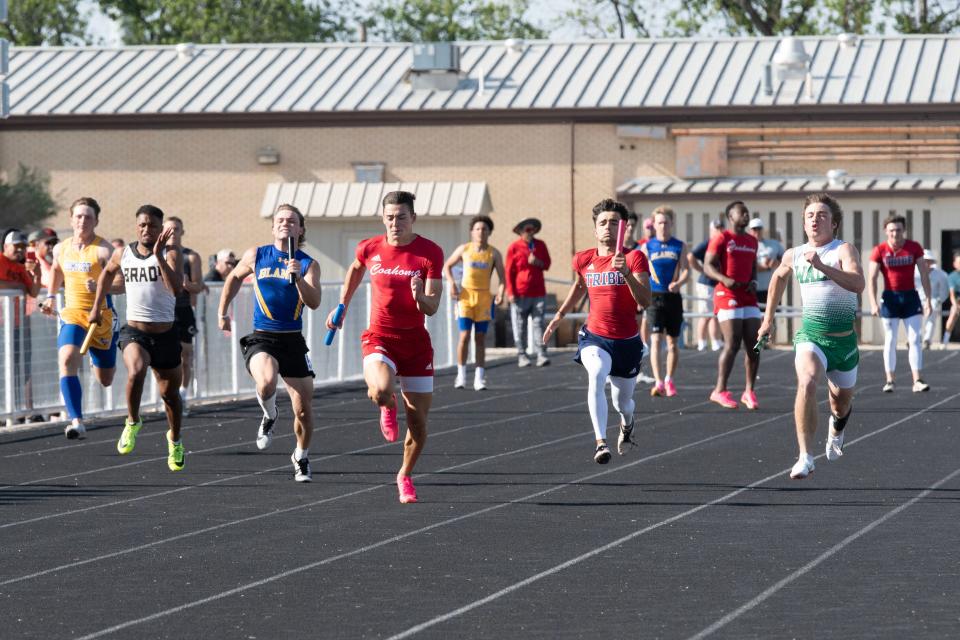 Coahoma's Tristan Guerrero races toward the finish line in the final leg of the 400-meter relay at the Districts 5- and 6-3A area meet. Isaiah Eleda, Jaidyn Vineyard, Billy Bailey and Guerrero won the event in 43.61 seconds Wednesday at Wall.