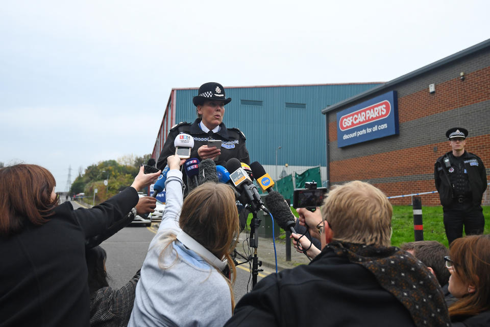 Deputy Chief Constable Pippa Mills speaks to the media at the Waterglade Industrial Park in Grays, Essex, after 39 bodies were found inside a lorry on the industrial estate.