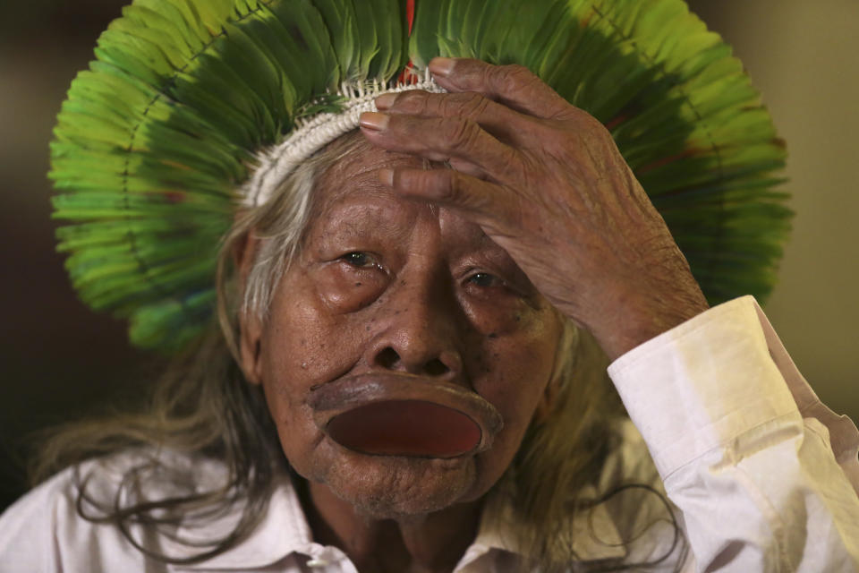 Indigenous Chief Raoni Metuktire gives an interview in Brasilia, Brazil, Wednesday, June 7, 2023. Not long after returning to Brazil in May 2024, the chief of the Kayapo severed ties with his Belgian acolyte, filmmaker Jean-Pierre Dutilleux. (AP Photo/Gustavo Moreno)
