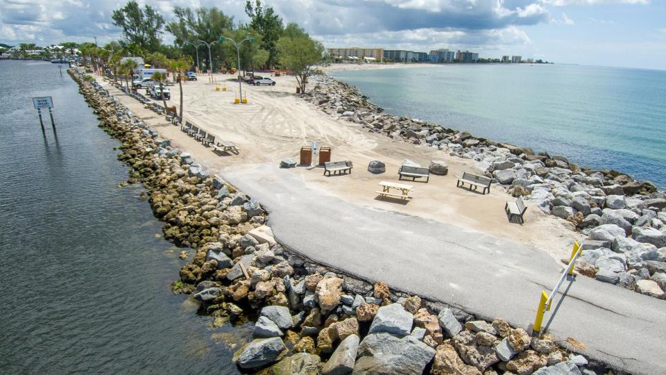 This aerial view, looking east on Humphris Park, shows how picnic tables and benches have been placed to discourage people from attempting to traverse the South Jetty Walkway.