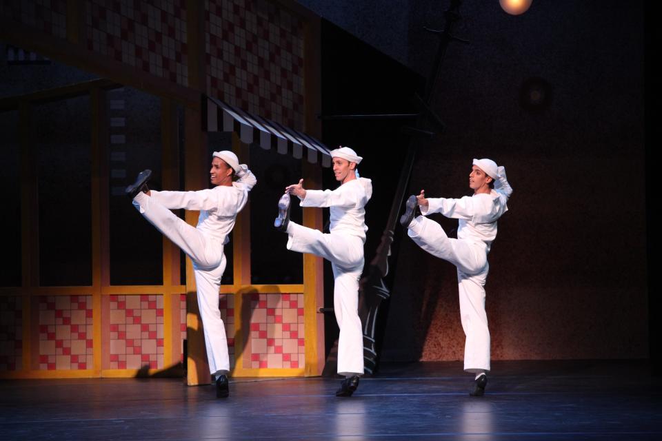 From left, Ricardo Rhodes, Jamie Carter and Alex Harrison danced in Jerome Robbins’ “Fancy Free” in 2017 for The Sarasota Ballet.