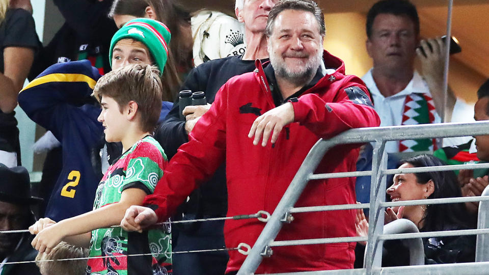 Russell Crowe, pictured here at a South Sydney Rabbitohs game in 2019.