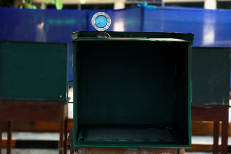 An empty ballot box is seen at a polling station ahead of the general election in Bangkok, Thailand, March 24, 2019. REUTERS/Soe Zeya Tun