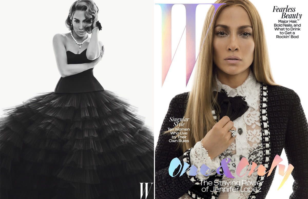 Jennifer Lopez also wore a black tulle dress fit for a ball in the photo shoot and donned a preppy look on the cover of W Magazine's May 2016 issue to accompany a revealing interview about her personal life and career. While the road to love hasn't been easy for her, Lopez proved she's still a romantic as she dished up some details about her relationship with Casper Smart. "We got together and broke up and are now together again. I still think about getting married and having that long life with someone. I love the movie The Notebook. A dream of mine is to grow old with someone."