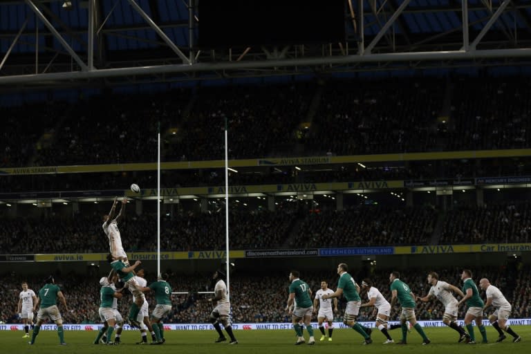 England's lock Courtney Lawes catches the ball in the line-out during the Six Nations international rugby union match against Ireland March 18, 2017