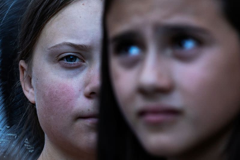 Swedish activist Greta Thunberg participates in a youth climate change protest in front of the United Nations Headquarters in Manhattan