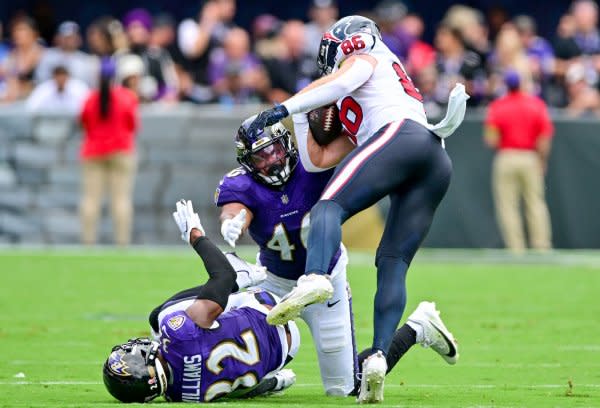 Tight end Dalton Schultz (R) and the Houston Texans will face the Atlanta Falcons on Sunday in Atlanta. File Photo by David Tulis/UPI