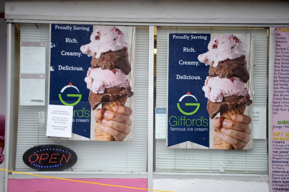 Gifford's Famous Ice Cream signs at Tom & Jimmy's of West Bridgewater on Saturday, Feb. 27, 2021.