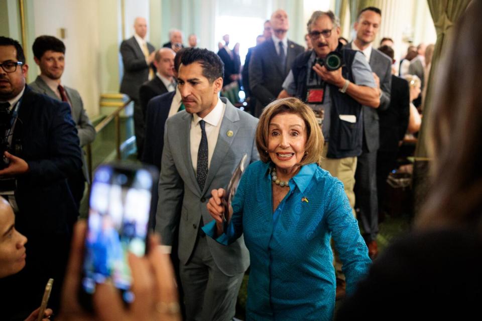 Former House Speaker Nancy Pelosi at the swearing-in ceremony for Assembly Speaker Robert Rivas in Sacramento