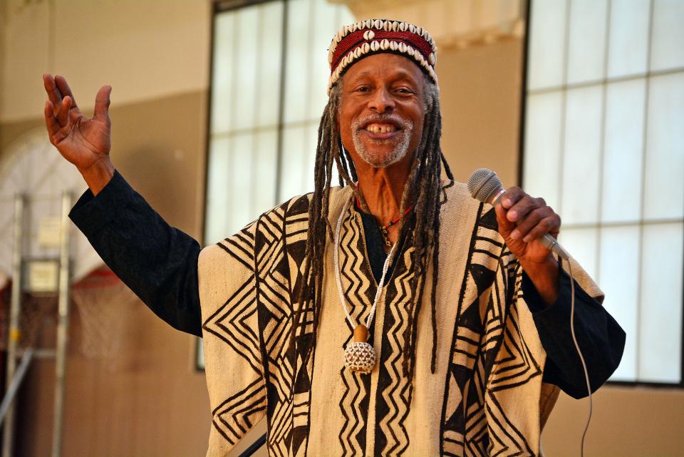 Kunama Mtendaji, a professional storyteller from St. Louis, tells his version of The Crow and The Fox story from Aesop's Fables on Saturday at the Columbia Parks and Recreation Armory Sports and Recreation Center.