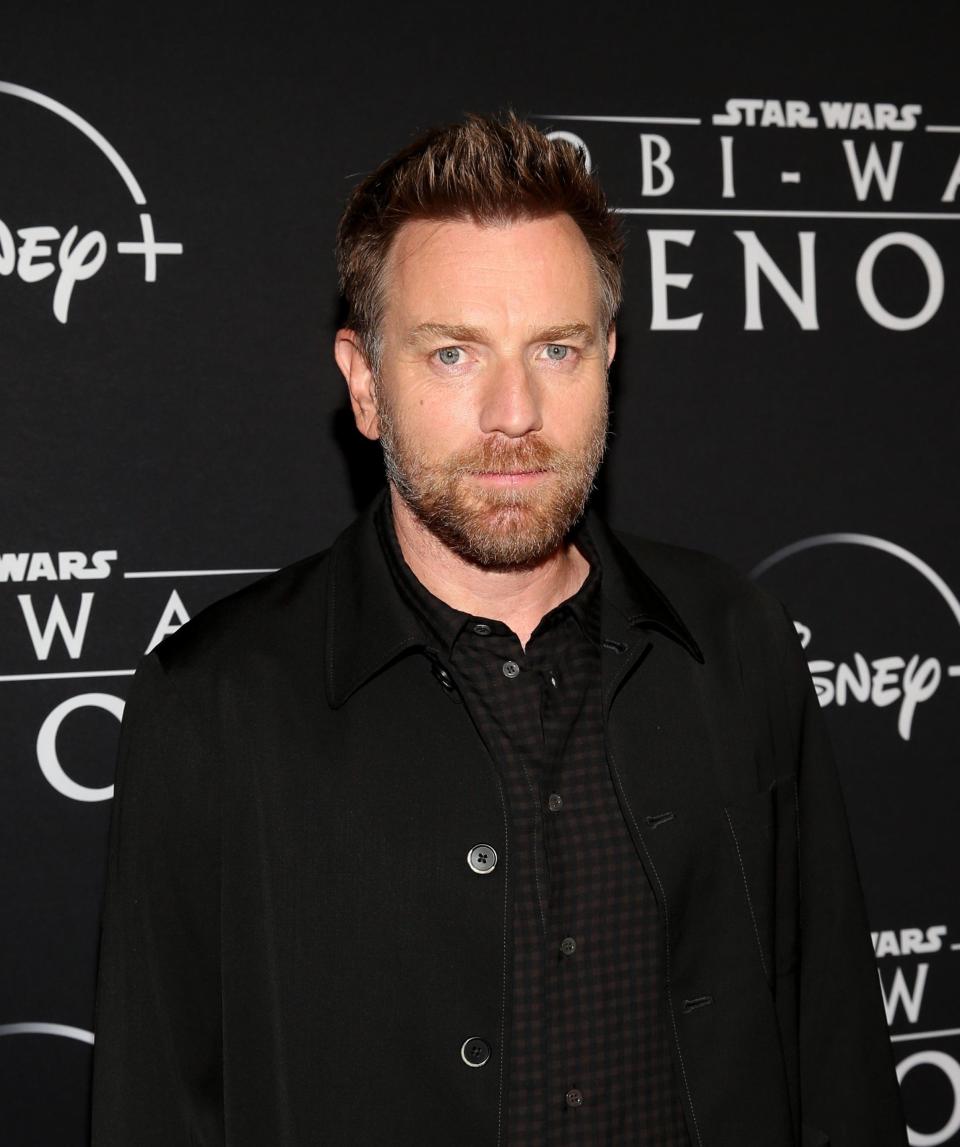 Ewan McGregor in a black shirt and jacket at the 'Obi-Wan Kenobi' event