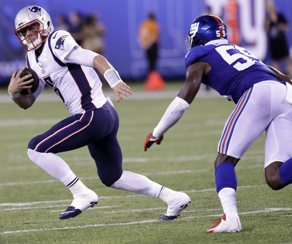 Trying something new: Danny Etling, drafted by the New England Patriots last year as a quarterback, practiced at receiver and on special teams on Thursday. (AP)