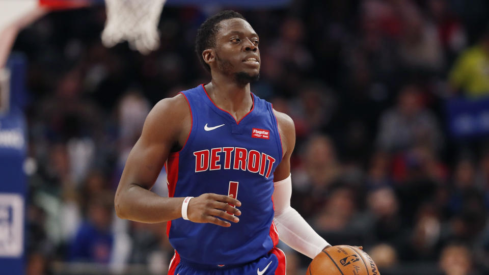 Detroit Pistons guard Reggie Jackson brings the ball up court during the first half of an NBA basketball game, Thursday, Oct. 24, 2019, in Detroit. (AP Photo/Carlos Osorio)