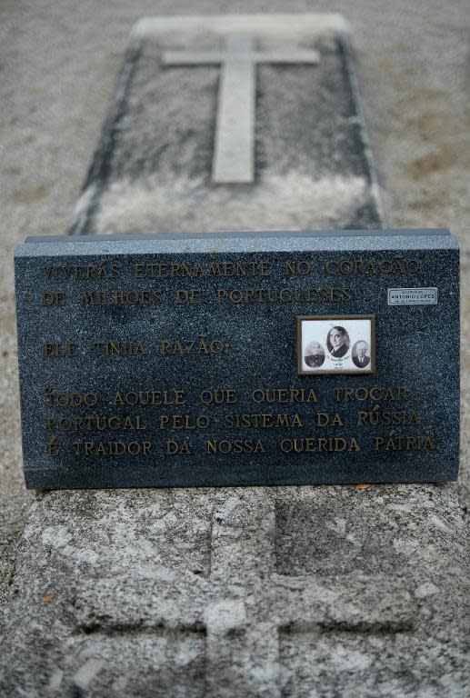 Tombstone epitaph reading 'You will live forever in the hearts of millions of Portuguese', seen near the grave of Portugal's former dictator Antonio de Oliveira Salazar, at Vimieiro cemetery near Santa Comba Dao, central Portugal, on March 27, 2014