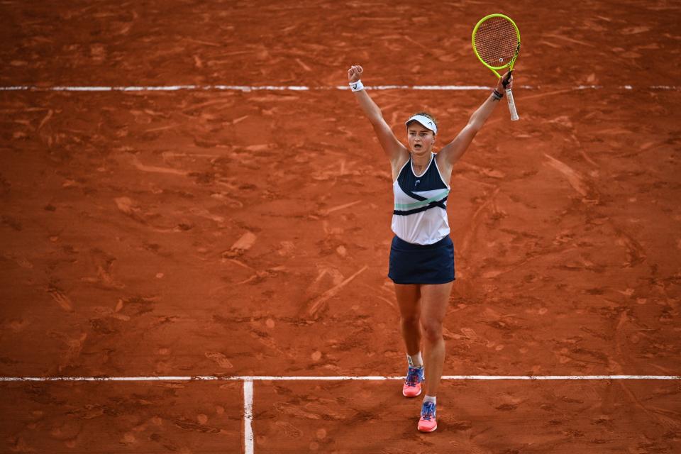 Czech Republic's Barbora Krejcikova celebrates after winning against Greece's Maria Sakkari at the end of their women's singles semi-final tennis match on Day 12 of The Roland Garros 2021 French Open tennis tournament in Paris on June 10, 2021. (Photo by Anne-Christine POUJOULAT / AFP) (Photo by ANNE-CHRISTINE POUJOULAT/AFP via Getty Images)