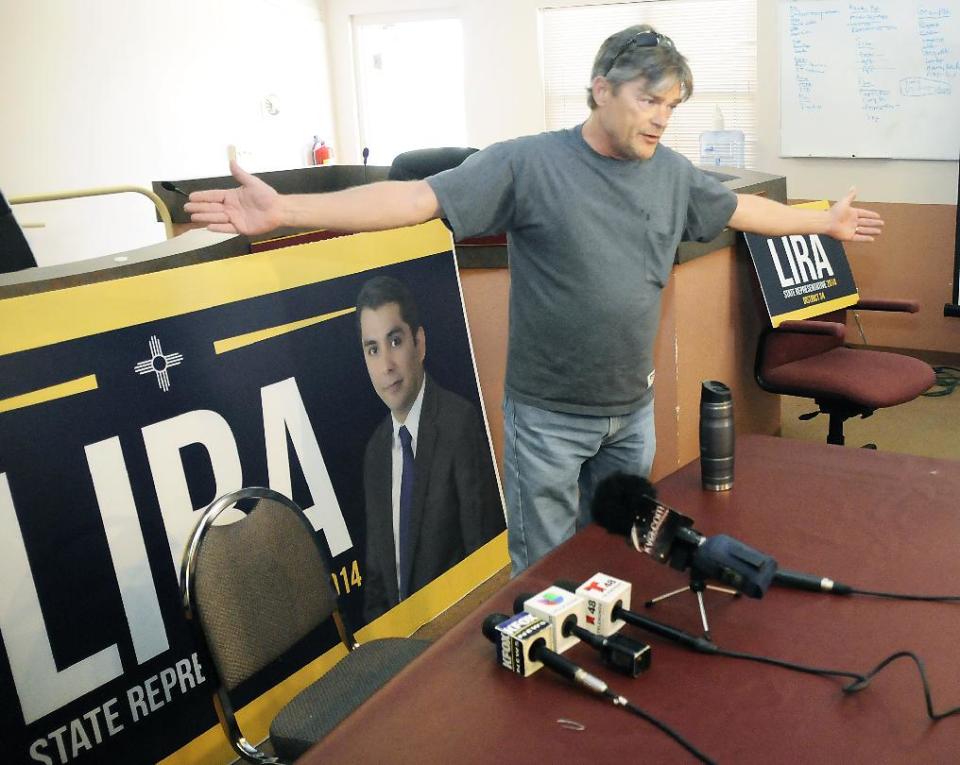 Ken Giovie, who lost by three votes to Christian Lira in the Sunland Park city councilor election, voices his frustrations during an impromptu press conference immediately following Lira's announcement on Friday, March 7, 2014, at City Hall in Las Cruces, New Mexico. (AP Photo/Las Cruces Sun-News, Robin Zielinski)