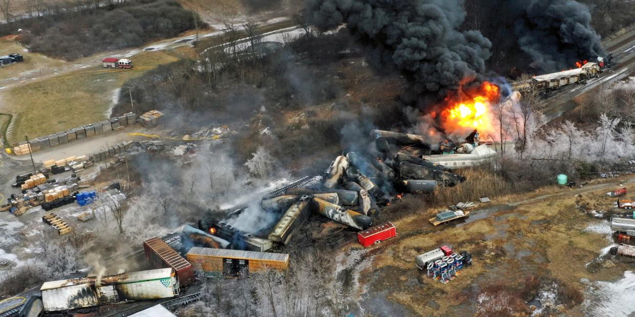 aerial image if derailed train on fire