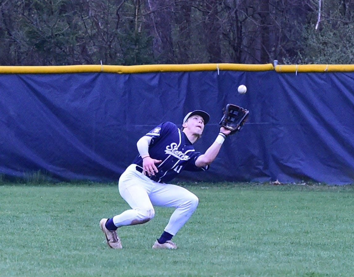 Watkins Glen/Odessa-Montour center fielder Alex Holmes makes a catch in a 9-1 win over Elmira Notre Dame in IAC baseball April 19, 2024 at Notre Dame High School.