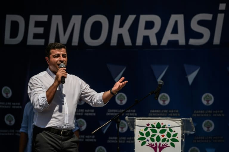 Co-leader of the pro-Kurdish People's Democratic Party (HDP), Selahattin Demirtas, speaks during a rally in Istanbul on July 23, 2016