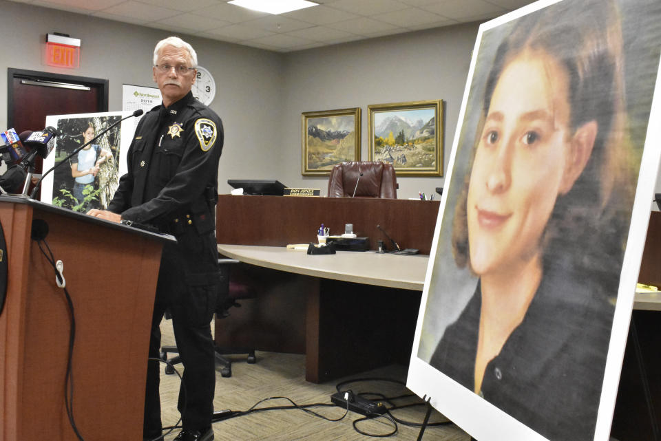 FILE - In this July 23, 2019, file photo, Yellowstone County Sheriff Mike Linder announces that 39-year-old Zachary David O'Neill has pleaded guilty to the brutal 1998 killing of 18-year-old Miranda Fenner, during a news conference in Billings, Mont. The case garnered national attention at the time of the killing but frustrated law enforcement when it remained unsolved. (AP Photo/Matthew Brown, File)