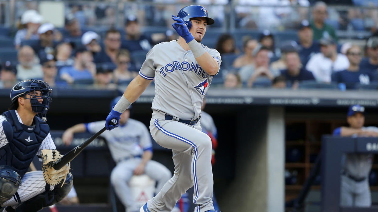 NEW YORK, NEW YORK - SEPTEMBER 21:   Reese McGuire #10 of the Toronto Blue Jays in action against the New York Yankees at Yankee Stadium on September 21, 2019 in New York City. The Yankees defeated the Blue Jays 7-2. (Photo by Jim McIsaac/Getty Images)