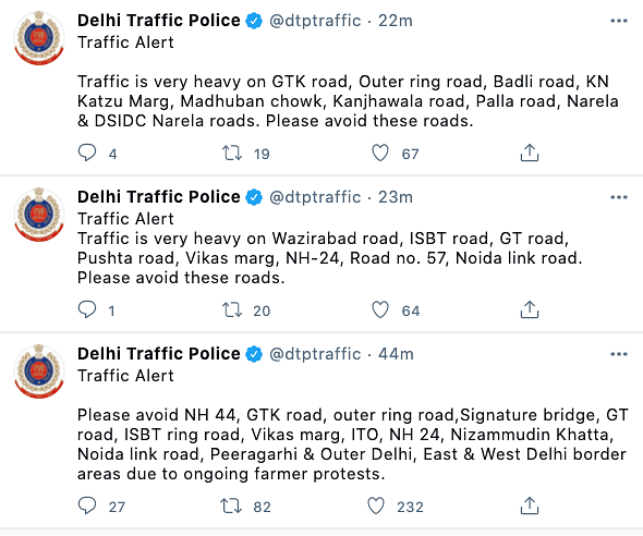 Delhi police issues traffic alert on roads to avoid.