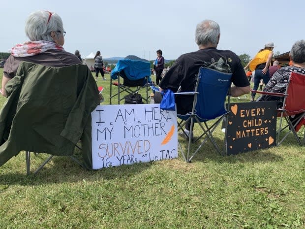 People gather at a special three-day ceremony in Lejac, B.C., from June 18 to June 20, to provide healing after the remains of 215 children were discovered at a former residential school in Kamloops. (Catherine Hansen/CBC News - image credit)