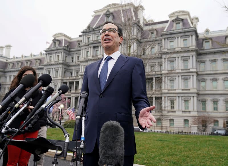 FILE PHOTO: Steven Mnuchin speak at the White House in Washington