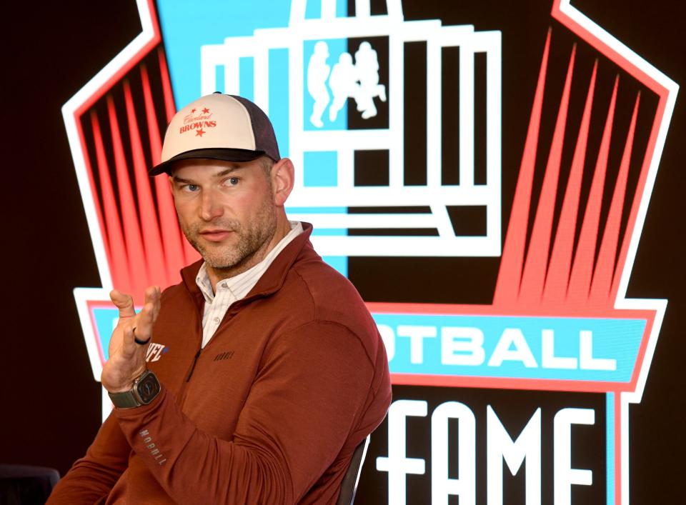 Class of 2023 enshrinee Joe Thomas answers a question at the Pro Football Hall of Fame during a visit in March to Canton.