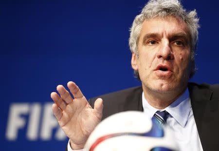 Walter De Gregorio, FIFA Director of Communications and Public Affairs gestures during a news conference at FIFA headquarters in Zurich, Switzerland, May 27, 2015. REUTERS/Ruben Sprich