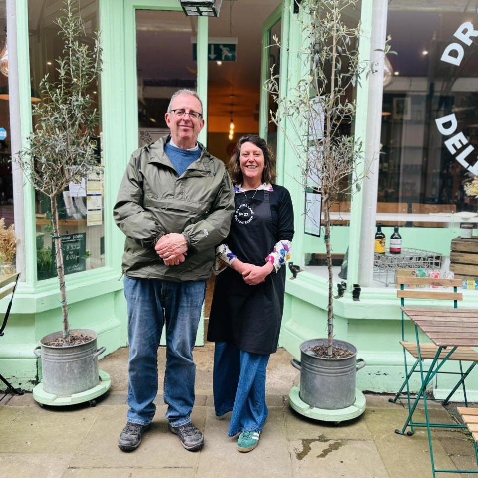 Hereford Times: Reverend Richard Coles with Samantha Morgan, who owns Drapers Lane Delicatessen in Leominster