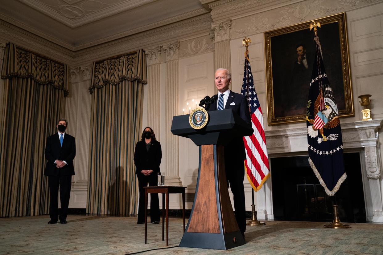 <p>JANUARY 27: US President Joe Biden speaks about climate change issues in the State Dining Room of the White House on January 27, 2021 in Washington, DC. President Biden signed several executive orders related to the climate change crisis on Wednesday, including one directing a pause on new oil and natural gas leases on public lands. Also pictured, left to right, Special Presidential Envoy for Climate John Kerry and US Vice President Kamala Harris. </p> (Getty Images)