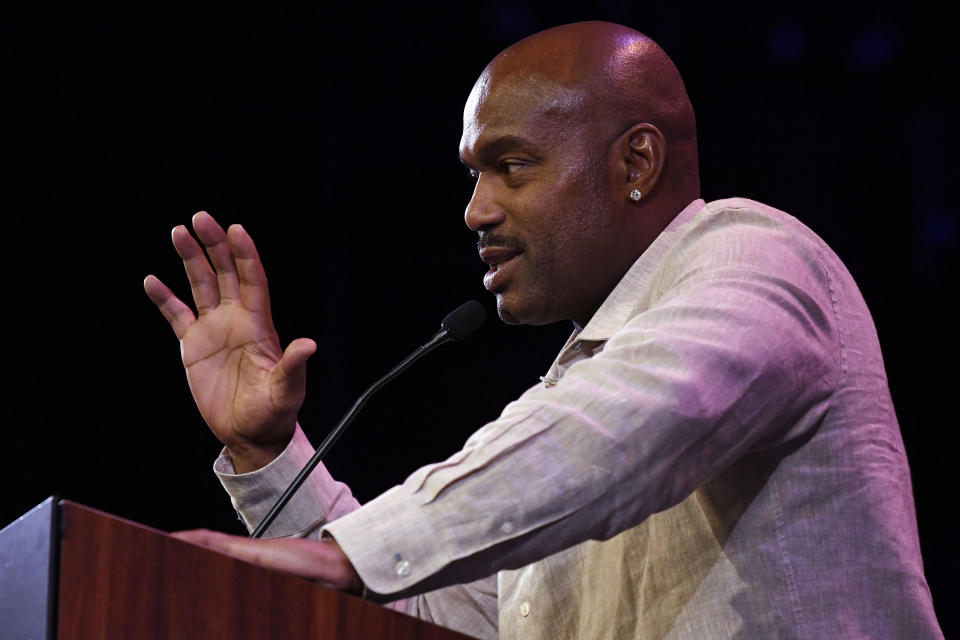 Basketball Hall of Fame Class of 2022 inductee Tim Hardaway speaks at a news conference at Mohegan Sun, Friday, Sept. 9, 2022, in Uncasville, Conn. (AP Photo/Jessica Hill)