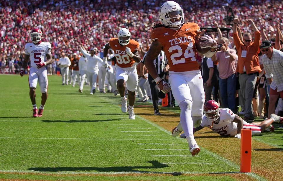 Texas running back Jonathon Brooks scores a touchdown late in the game against Oklahoma on Oct. 7. He has rushed for eight touchdowns this season and came up just short on two others that were more than 60 yards.