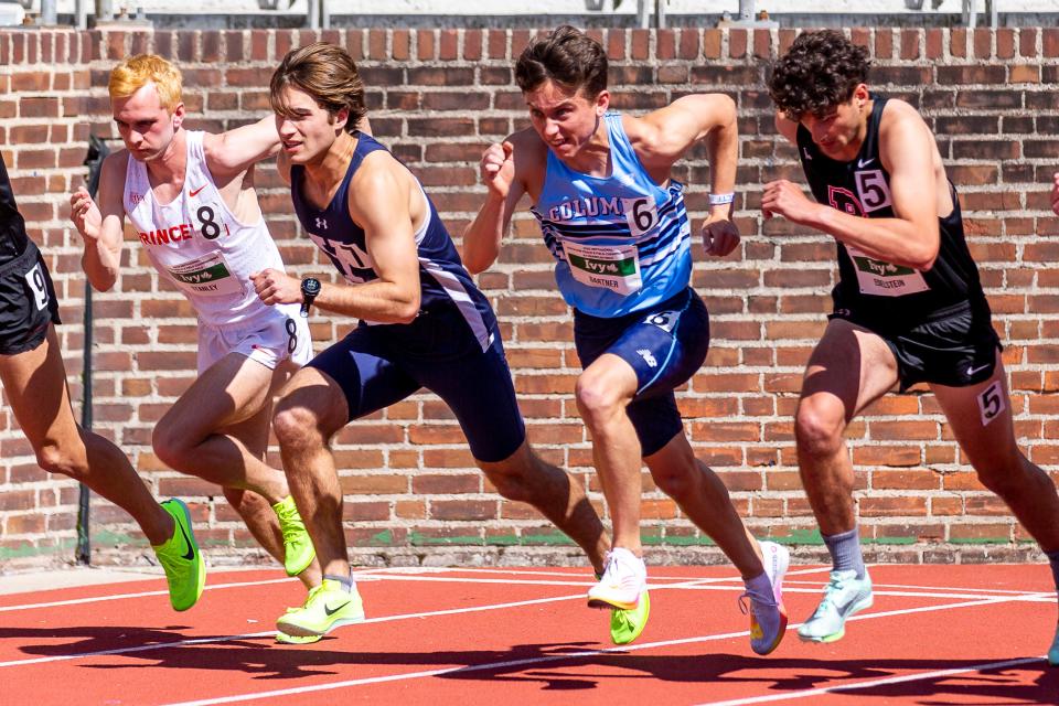 Caleb Gartner (2nd from right) competing in a track meet for Columbia University last year.