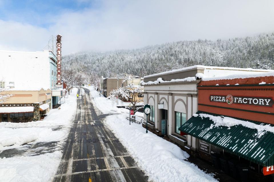 Downtown Dunsmuir after winter storms dumped snow throughout Siskiyou County in February, 2023.