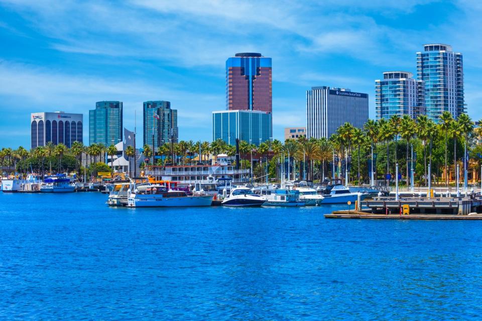 Skyscrapers of Long Beach skyline,harbor,boats,clouds,California