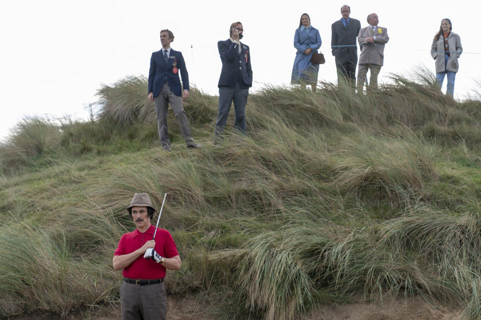 This image released by Sony Pictures Classics shows Mark Rylance, foreground, in a scene from "The Phantom of the Open." (Nick Wall/Sony Pictures Classics via AP)